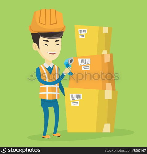 Asian warehouse worker scanning barcode on box. Warehouse worker checking barcode of box with a scanner. Warehouse worker in hard hat with scanner. Vector flat design illustration. Square layout.. Warehouse worker scanning barcode on box.