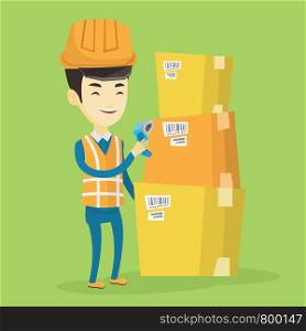 Asian warehouse worker scanning barcode on box. Warehouse worker checking barcode of box with a scanner. Warehouse worker in hard hat with scanner. Vector flat design illustration. Square layout.. Warehouse worker scanning barcode on box.