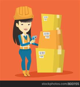 Asian warehouse worker scanning barcode on box. Warehouse worker checking barcode of box with a scanner. Warehouse worker in hard hat with scanner. Vector flat design illustration. Square layout.. Warehouse worker scanning barcode on box.