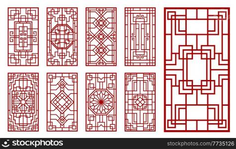 Asian window and door ornaments. Korean, chinese and japanese patterns. Oriental vintage vector wall or interior decorations with endless knot lattice or grid, floral and line rectangular ornaments. Asian window, door red line ornament decoration