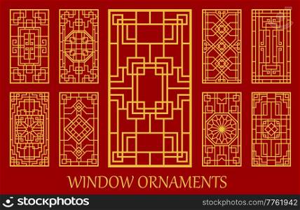 Asian window and door ornaments, Korean, Chinese and Japanese patterns, vector golden frames. Asian geometric style, ancient oriental house art for window grid, interior ornaments and wood decor. Asian ornament, Korean, Chinese, Japanese patterns