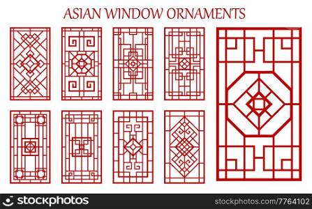 Asian window ornaments, Korean, Chinese and Japanese embellishment, vector window and door red frames. China, Korea or Japan art style design, ancient oriental ornaments for interior and wood decor. Asian window ornaments, Korean, Chinese, Japanese