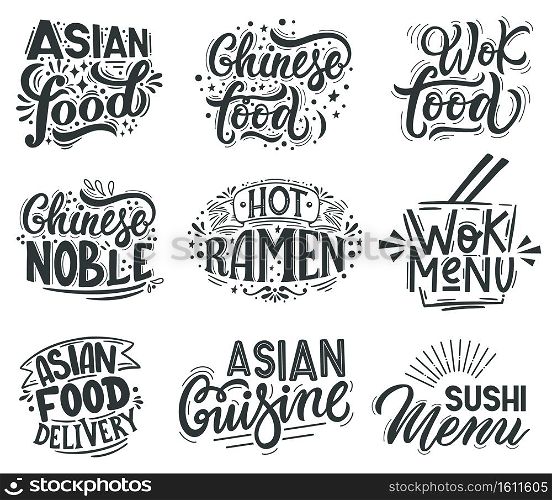 Asian wok. Noodle, ramen and wok cafe menu lettering quotes, asian traditional food labels. Wok asian food vector illustration set. Hot ramen, chinese noble and sushi menu for restaurant. Asian wok. Noodle, ramen and wok cafe menu lettering quotes, asian traditional food labels. Wok asian food vector illustration set