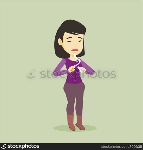 Asian woman breaking the cigarette. Young woman crushing cigarette. Sad woman holding broken cigarette. Quit smoking concept. Vector flat design illustration. Square layout.. Young woman quitting smoking vector illustration.
