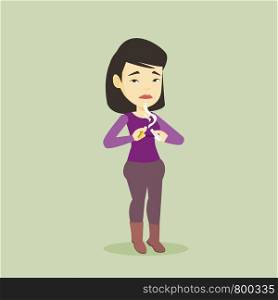 Asian woman breaking the cigarette. Young woman crushing cigarette. Sad woman holding broken cigarette. Quit smoking concept. Vector flat design illustration. Square layout.. Young woman quitting smoking vector illustration.