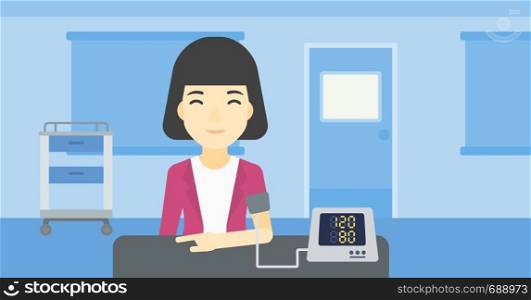 Asian woman checking blood pressure with digital blood pressure meter. Woman taking care of her health and measuring blood pressure in hospital room. Vector flat design illustration. Horizontal layout. Blood pressure measurement vector illustration.