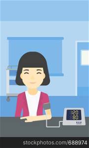 Asian woman checking blood pressure with digital blood pressure meter. Woman taking care of her health and measuring blood pressure in hospital room. Vector flat design illustration. Vertical layout.. Blood pressure measurement vector illustration.