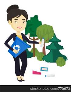 Asian woman collecting garbage in recycle bin. Woman with recycling bin picking up used plastic bottles in forest. Waste recycling concept. Vector flat design illustration isolated on white background. Woman collecting garbage in forest.