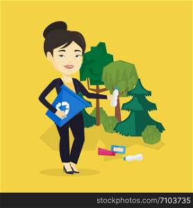 Asian woman collecting garbage in recycle bin. Young woman with recycling bin in hand picking up used plastic bottles in forest. Waste recycling concept. Vector flat design illustration. Square layout. Woman collecting garbage in forest.