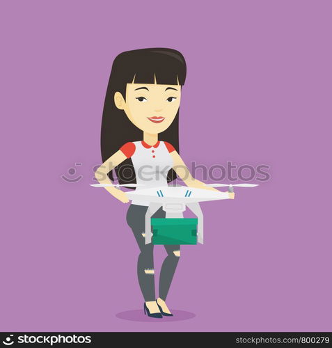 Asian woman controlling delivery drone with post package. Woman getting post package from delivery drone. Woman sending parcel with delivery drone. Vector flat design illustration. Square layout.. Woman controlling delivery drone with post package