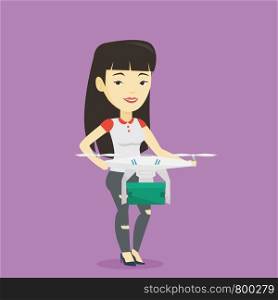 Asian woman controlling delivery drone with post package. Woman getting post package from delivery drone. Woman sending parcel with delivery drone. Vector flat design illustration. Square layout.. Woman controlling delivery drone with post package