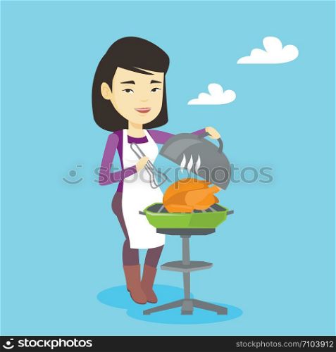 Asian woman cooking chicken on barbecue grill outdoors. Smiling woman having a barbecue party outdoor. Happy woman preparing chicken on barbecue grill. Vector flat design illustration. Square layout.. Woman cooking chicken on barbecue grill.