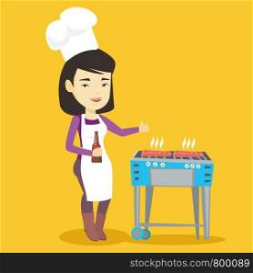 Asian woman cooking steak on the barbecue grill outdoors. Adult happy woman with bottle in hand cooking steak on gas barbecue grill and giving thumb up. Vector flat design illustration. Square layout.. Woman cooking steak on barbecue grill.