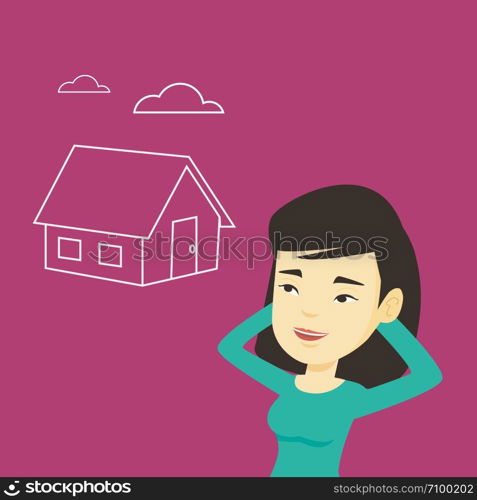 Asian woman dreaming about future life in a new house. Smiling woman planning future purchase of her own house. Woman thinking about buying a house. Vector flat design illustration. Square layout.. Woman dreaming about buying new house.