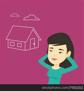 Asian woman dreaming about future life in a new house. Smiling woman planning future purchase of her own house. Woman thinking about buying a house. Vector flat design illustration. Square layout.. Woman dreaming about buying new house.