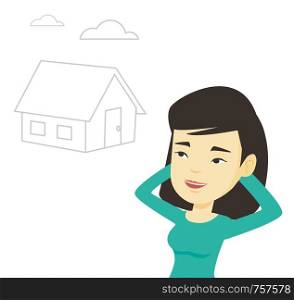 Asian woman dreaming about life in a new house. Woman planning future purchase of her own house. Woman thinking about buying a house. Vector flat design illustration isolated on white background.. Woman dreaming about buying new house.