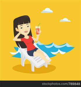 Asian woman drinking a cocktail on a beach chair. Young joyful woman sitting on a beach chair. Happy woman resting on a beach chair with cocktail. Vector flat design illustration. Square layout.. Woman relaxing on beach chair vector illustration.