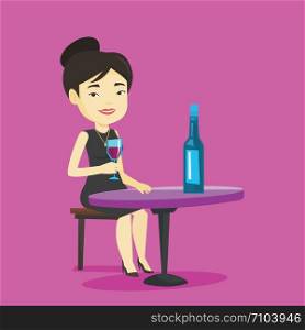 Asian woman drinking wine at restaurant. Adult woman sitting at the table with glass and bottle of wine. Cheerful woman enjoying a drink at wine bar. Vector flat design illustration. Square layout.. Woman drinking wine at restaurant.
