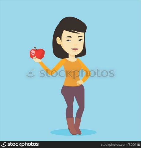 Asian woman enjoying fresh healthy red apple. Young woman holding an apple in hand. Cheerful woman eating an apple. Concept of healthy nutrition. Vector flat design illustration. Square layout.. Young woman holding apple vector illustration.