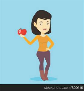 Asian woman enjoying fresh healthy red apple. Young woman holding an apple in hand. Cheerful woman eating an apple. Concept of healthy nutrition. Vector flat design illustration. Square layout.. Young woman holding apple vector illustration.