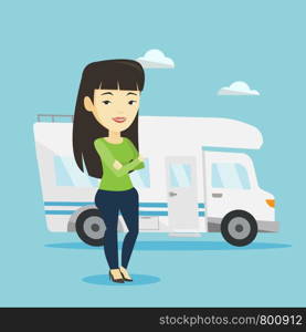 Asian woman enjoying her vacation in motor home. Young woman standing with arms crossed in front of motor home. Happy woman traveling by motor home. Vector flat design illustration. Square layout.. Woman standing in front of motor home.