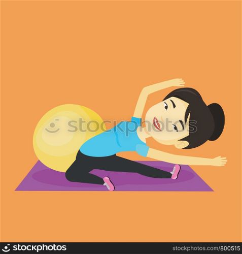 Asian woman exercising in the gym. Woman doing stretching on exercise mat. Sportswoman stretching before training. Woman doing stretching exercises. Vector flat design illustration. Square layout.. Young woman exercising with fitball.
