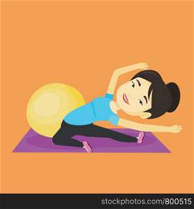 Asian woman exercising in the gym. Woman doing stretching on exercise mat. Sportswoman stretching before training. Woman doing stretching exercises. Vector flat design illustration. Square layout.. Young woman exercising with fitball.