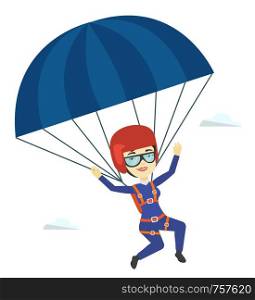 Asian woman flying with a parachute. Young happy woman paragliding on a parachute. Parachutist descending with a parachute in the sky. Vector flat design illustration isolated on white background.. Young happy woman flying with parachute.