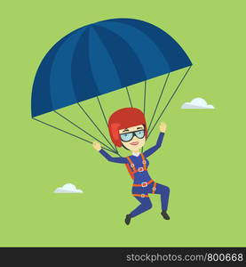 Asian woman flying with a parachute. Young happy woman paragliding on a parachute. Professional parachutist descending with a parachute in the sky. Vector flat design illustration. Square layout.. Young happy woman flying with parachute.