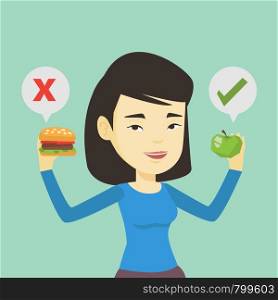 Asian woman holding apple and hamburger in hands. Woman choosing between apple and hamburger. Woman choosing between healthy and unhealthy nutrition. Vector flat design illustration. Square layout.. Woman choosing between hamburger and cupcake.