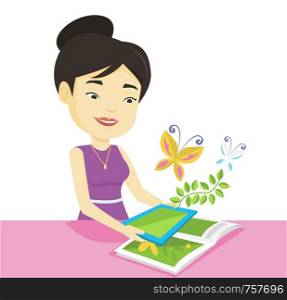 Asian woman holding digital tablet above the book. Woman looking at butterflies flying out from digital tablet. Agmented reality concept. Vector flat design illustration isolated on white background.. Augmented reality vector illustration.