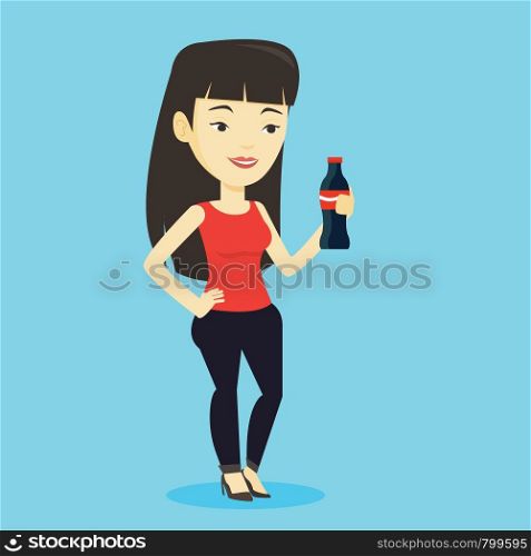 Asian woman holding fresh soda beverage in glass bottle. Young woman standing with bottle of soda. Cheerful woman drinking brown soda from bottle. Vector flat design illustration. Square layout.. Young woman drinking soda vector illustration.