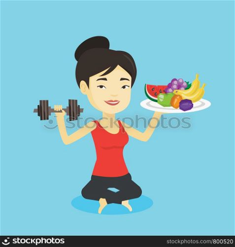Asian woman holding fruits and dumbbell. Sportswoman with healthy fruits and dumbbell. Woman choosing healthy lifestyle. Healthy lifestyle concept. Vector flat design illustration. Square layout.. Healthy woman with fruits and dumbbell.