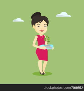 Asian woman holding in hands plastic bottle with plant growing inside. Woman holding plastic bottle used as plant pot. Concept of plastic recycling. Vector flat design illustration. Square layout.. Woman holding plant growing in plastic bottle.