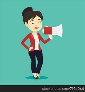 Asian woman holding megaphone. Social media marketing concept. Woman promoter speaking into a megaphone. Young woman advertising using megaphone. Vector flat design illustration. Square layout.. Young woman speaking into megaphone.