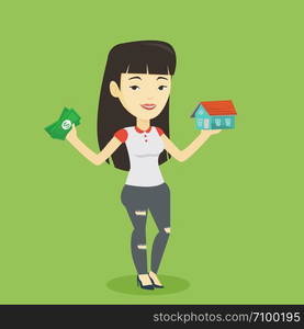 Asian woman holding money and model of house. Young happy woman having loan for house. Woman got loan for buying a new house. Real estate loan concept. Vector flat design illustration. Square layout.. Woman buying house thanks to loan.