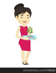 Asian woman holding plastic bottle with plant growing inside. Woman holding plastic bottle used as plant pot. Concept of plastic recycling. Vector flat design illustration isolated on white background. Woman holding plant growing in plastic bottle.