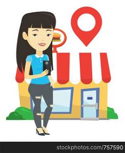 Asian woman holding smartphone with mobile app for looking for restaurant. Woman using smartphone application for searching of restaurant. Vector flat design illustration isolated on white background.. Woman looking for restaurant in her smartphone.