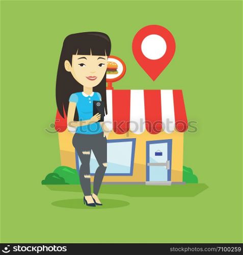 Asian woman holding smartphone with mobile application for looking for restaurant. Woman using smartphone application for searching of restaurant. Vector flat design illustration. Square layout.. Woman looking for restaurant in her smartphone.