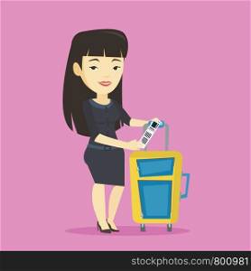 Asian woman holding travel insurance tag. Business class passenger standing near suitcase with priority luggage tag. Business woman showing luggage tag. Vector flat design illustration. Square layout.. Asian business woman showing luggage tag.