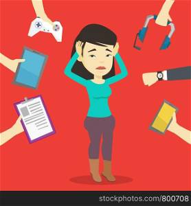 Asian woman in despair surrounded with gadgets. Woman clutching head and many hands with modern gadgets around her. Woman using many electronic gadgets. Vector flat design illustration. Square layout.. Young woman surrounded with her gadgets.