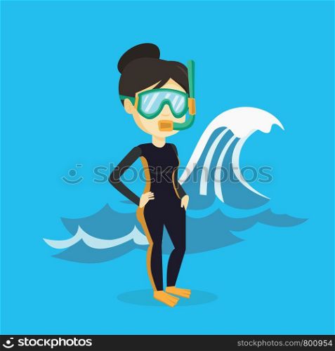 Asian woman in diving suit, flippers, mask and tube standing on the background of a big sea wave. Woman enjoying snorkeling. Diver ready for snorkeling. Vector flat design illustration. Square layout.. Young scuba diver vector illustration.