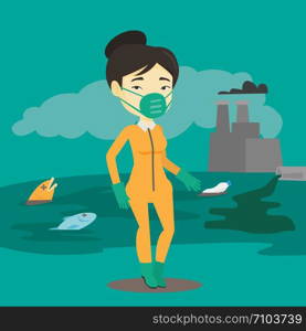 Asian woman in gas mask and radiation protective suit standing on the background of nuclear power plant. Scientist wearing radiation protection suit. Vector flat design illustration. Square layout.. Woman in radiation protective suit.