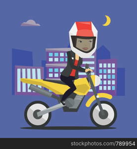 Asian woman in helmet riding a motorcycle on the background of night city. Woman driving a motorcycle on city road. Woman riding a motorcycle at night. Vector flat design illustration. Square layout.. Woman riding motorcycle at night.