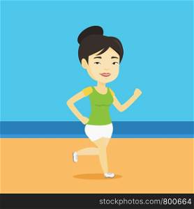 Asian woman jogging on beach. Sporty female athlete running on the beach. Young woman running along the seashore. Fit woman enjoying jogging on beach. Vector flat design illustration. Square layout.. Young sporty woman jogging on the beach.