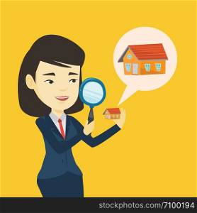 Asian woman looking for a new house in real estate market. Young smiling woman using a magnifying glass for seeking a new house in real estate market. Vector flat design illustration. Square layout.. Woman looking for house vector illustration.