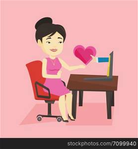 Asian woman looking for online date on the internet. Woman using laptop and dating online. Woman dating online and getting virtual love message. Vector flat design illustration. Square layout.. Young woman dating online using laptop.