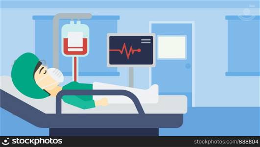 Asian woman lying in bed at hospital ward. Patient in oxygen mask lying in hospital ward with heart rate monitor and equipment for blood transfusion. Vector flat design illustration. Horizontal layout. Woman lying in hospital bed.