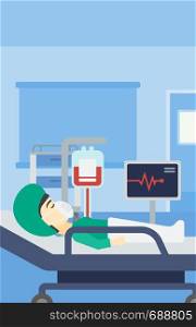 Asian woman lying in bed at hospital ward. Patient in oxygen mask lying in hospital ward with heart rate monitor and equipment for blood transfusion. Vector flat design illustration. Vertical layout.. Woman lying in hospital bed.