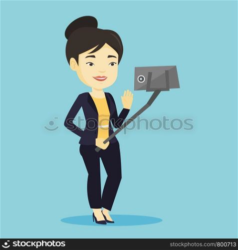 Asian woman making selfie with a selfie-stick. Smiling woman taking photo with cellphone. Young woman taking selfie and waving her hand. Vector flat design illustration. Square layout.. Woman making selfie vector illustration.